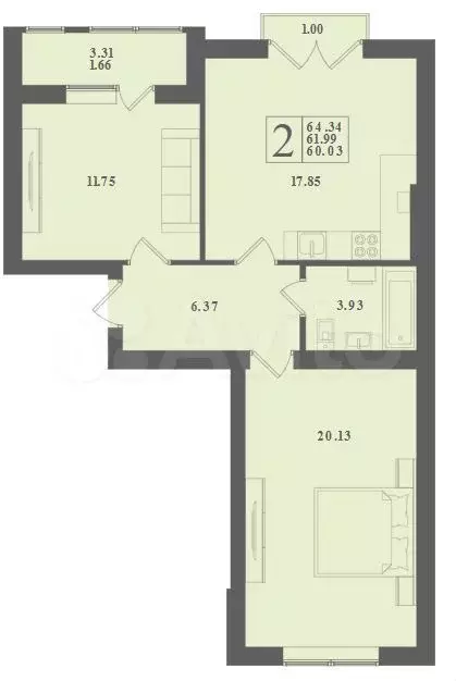 2-к. квартира, 64,3 м, 4/4 эт. - Фото 0