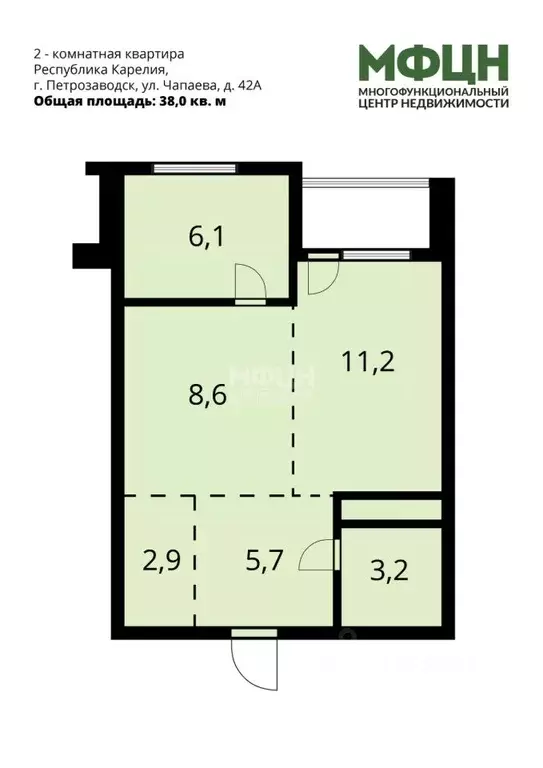 2-к кв. Карелия, Петрозаводск ул. Чапаева, 42А (38.0 м) - Фото 2