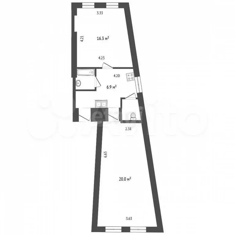 2-к. квартира, 45,7 м, 1/6 эт. - Фото 0