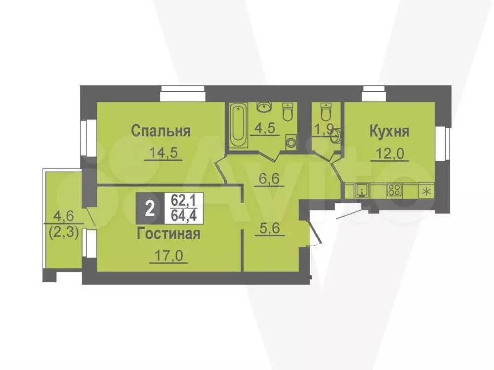 2-к. квартира, 64,4 м, 9/14 эт. - Фото 0