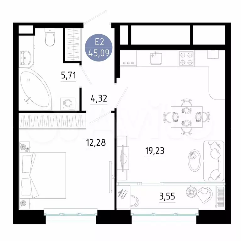 1-к. квартира, 45,1 м, 10/25 эт. - Фото 1