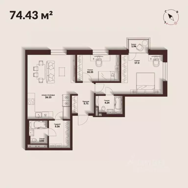 2-к кв. Приморский край, Владивосток Каскада жилой комплекс (73.43 м) - Фото 1