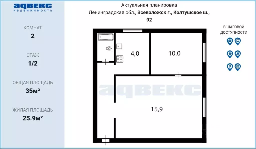 2-к кв. Ленинградская область, Всеволожск Колтушское ш., 92 (35.0 м) - Фото 2