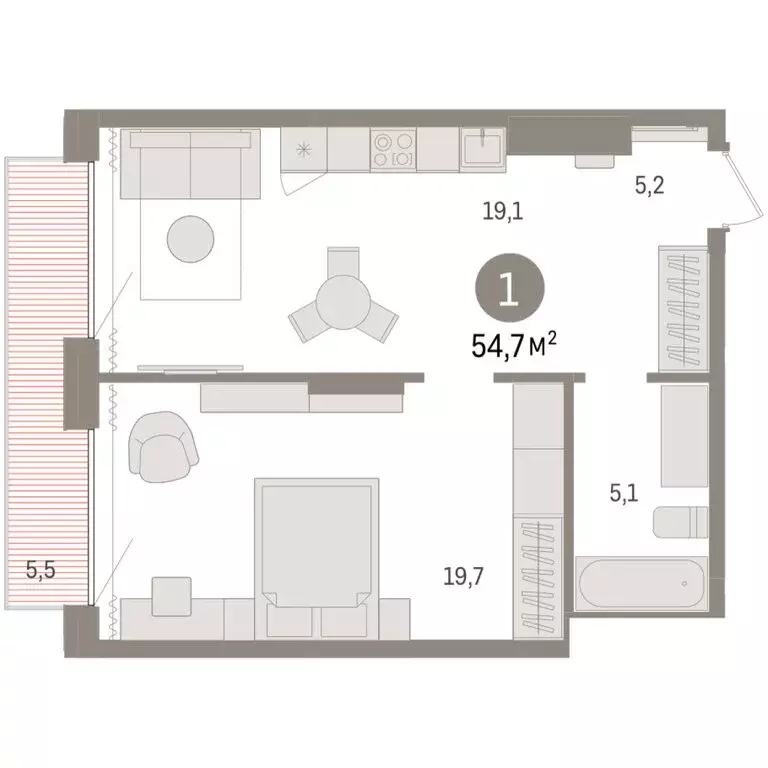 1-комнатная квартира: Тюмень, Краснооктябрьская улица, 4к3 (54.65 м) - Фото 1