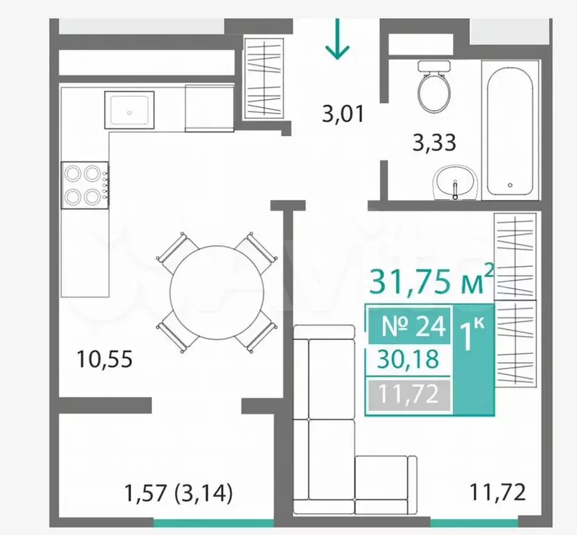 1-к. квартира, 31,8 м, 4/9 эт. - Фото 1
