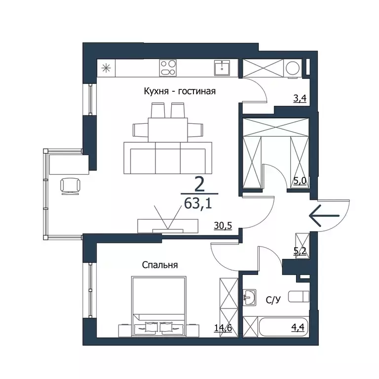 Продаётся 1-к квартира, 63.1 м - Фото 0