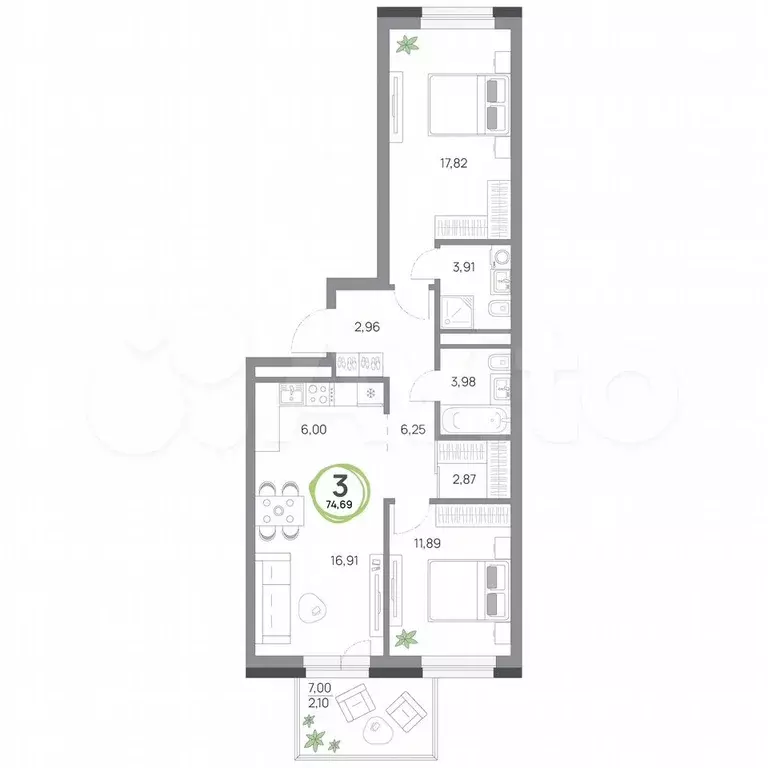 3-к. квартира, 74,7 м, 2/8 эт. - Фото 0