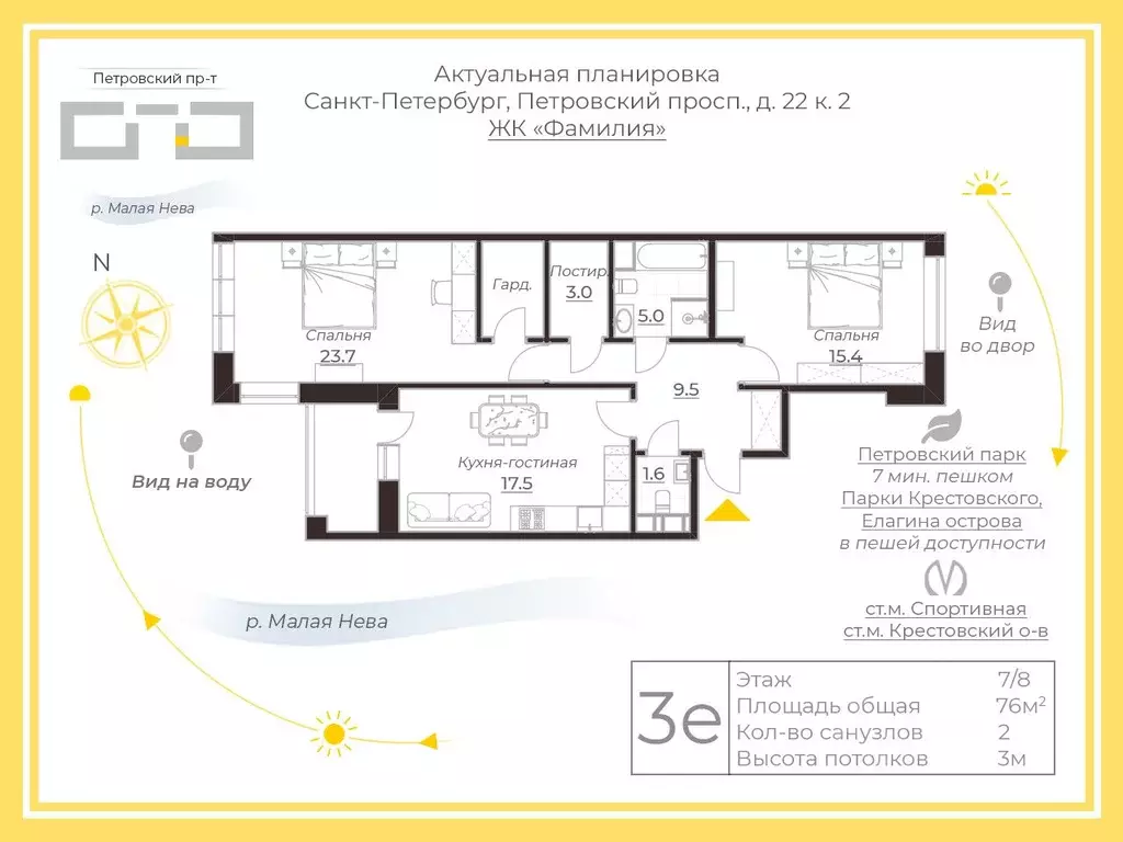 2-к кв. Санкт-Петербург Петровский просп., 22к2 (76.0 м) - Фото 2
