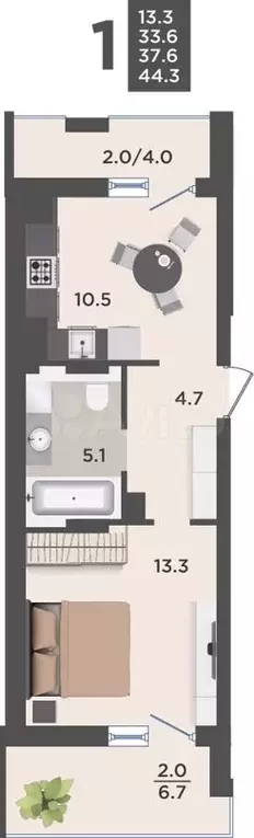 1-к. квартира, 37,6 м, 8/9 эт. - Фото 1