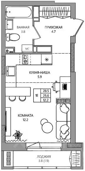 Студия Пермский край, д. Кондратово ул. Водопроводная, 5 (28.5 м) - Фото 0