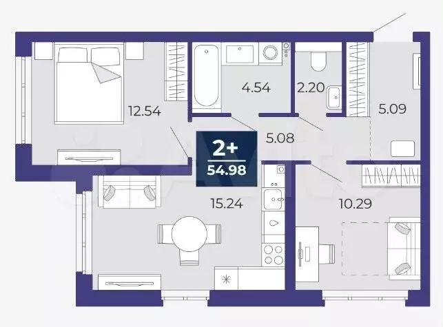 2-к. квартира, 55 м, 1/25 эт. - Фото 1