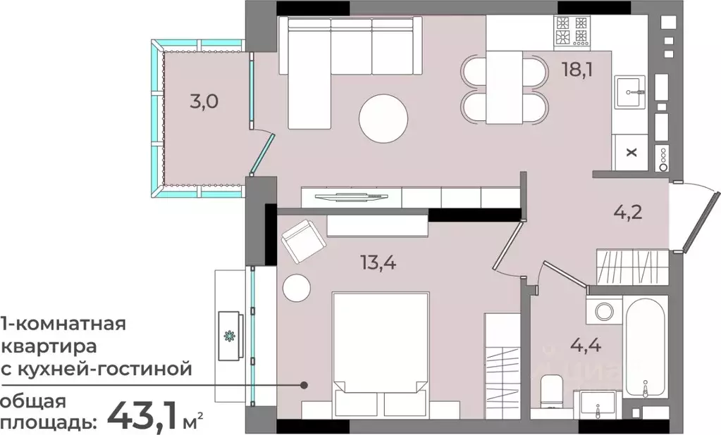 1-к кв. Удмуртия, Ижевск ул. Имени В.С. Тарасова, 6 (43.1 м) - Фото 0