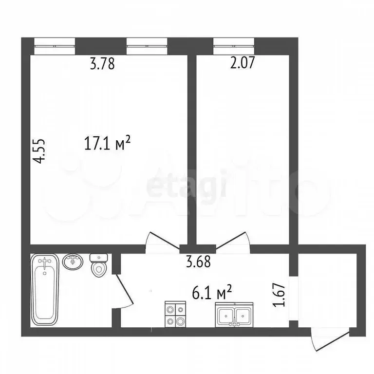2-к. квартира, 38,4 м, 3/3 эт. - Фото 0