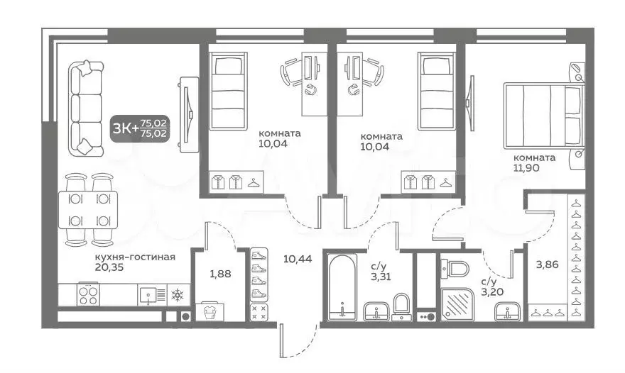 3-к. квартира, 75 м, 14/15 эт. - Фото 0