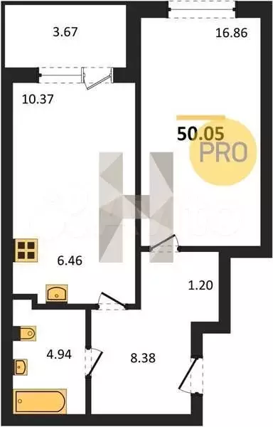 1-к. квартира, 50,1м, 2/18эт. - Фото 1