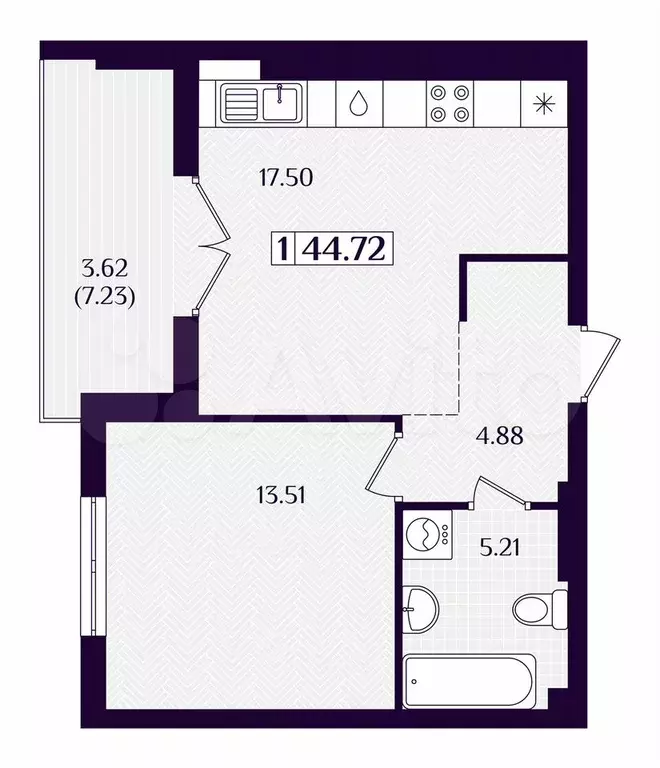1-к. квартира, 44,7 м, 4/7 эт. - Фото 1