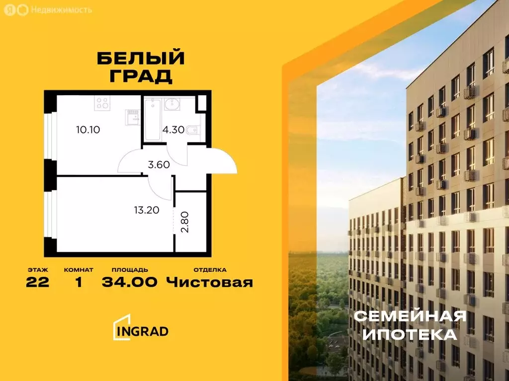 1-комнатная квартира: Мытищи, жилой комплекс Белый Grad, 12.2 (34 м) - Фото 0