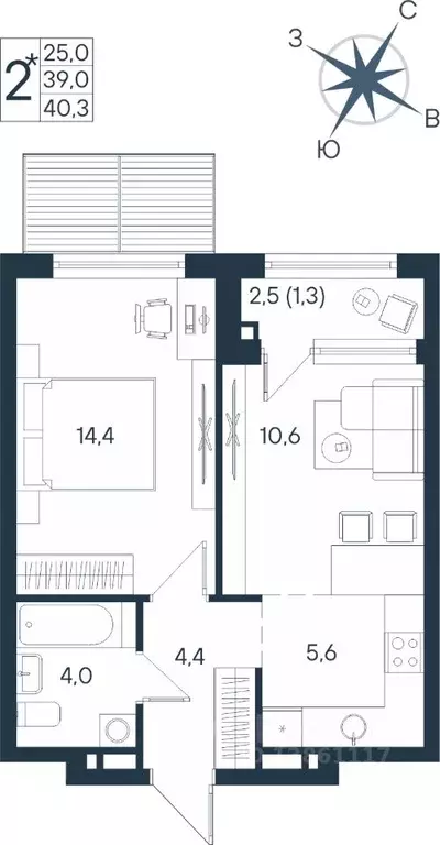 Студия Пермский край, Пермь ул. Космонавта Беляева, 17 (40.3 м) - Фото 1
