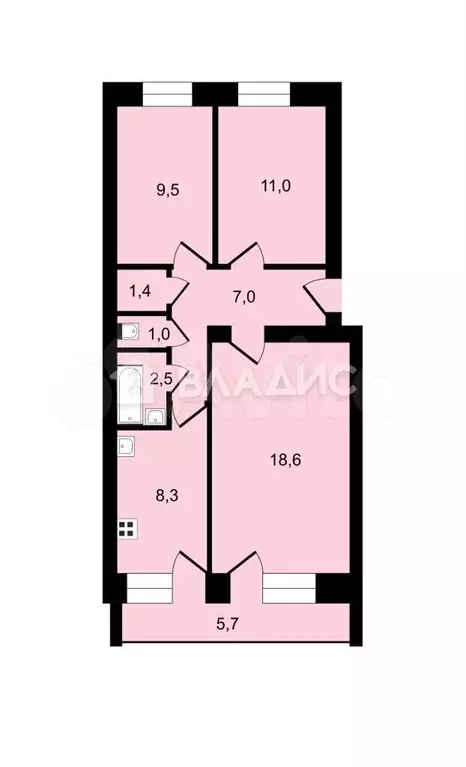 3-к. квартира, 59,3 м, 1/2 эт. - Фото 0