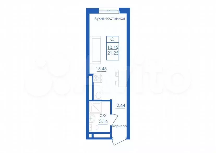 Квартира-студия, 21,3м, 1/25эт. - Фото 1