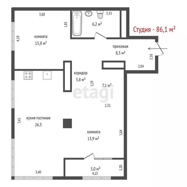 Квартира-студия: Екатеринбург, улица Попова, 18 (86.1 м) - Фото 0