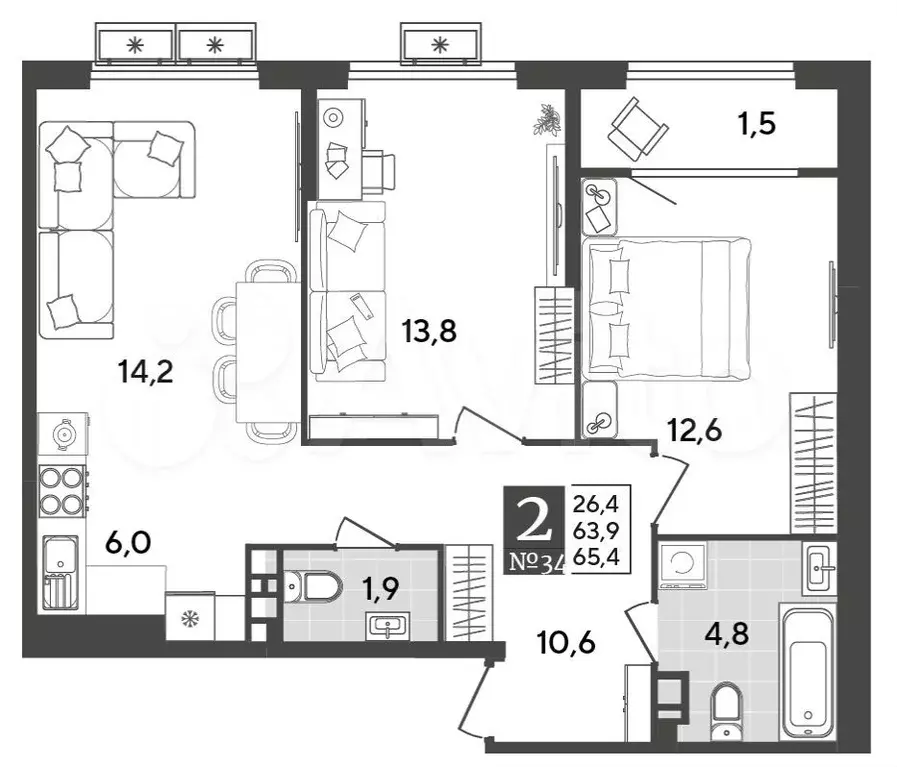 2-к. квартира, 65,4 м, 8/9 эт. - Фото 1