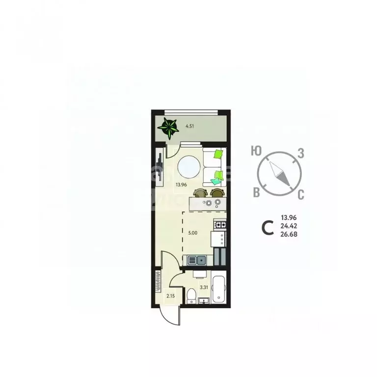 Студия Курская область, Курск ул. Энгельса, 115 (26.38 м) - Фото 2