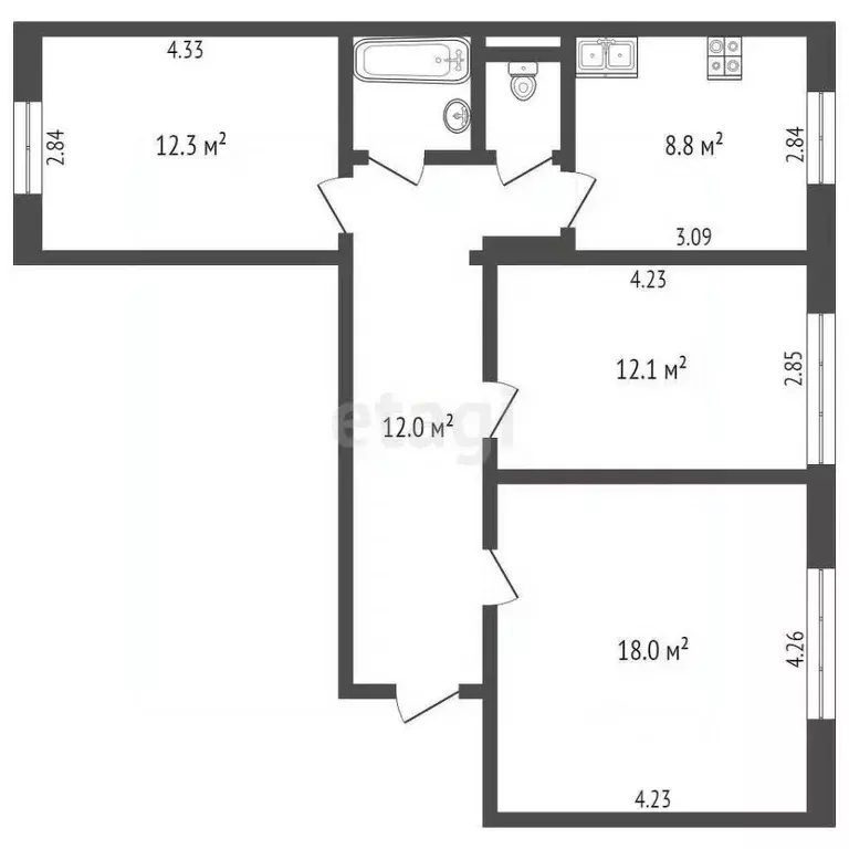 3-к кв. Омская область, Омск 6-й мкр, бул. Зеленый, 4 (68.0 м) - Фото 1