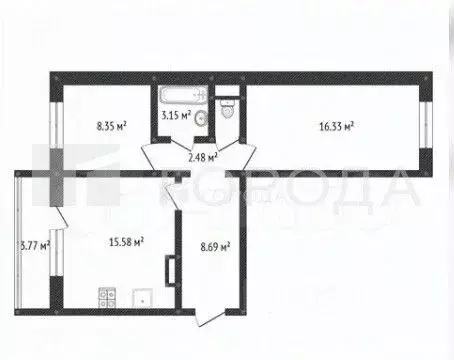 2-к кв. Кемеровская область, Новокузнецк ул. Косыгина, 39 (51.9 м) - Фото 1