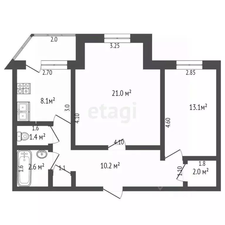 2-к кв. Ханты-Мансийский АО, Ханты-Мансийск ул. Энгельса, 15 (58.8 м) - Фото 2