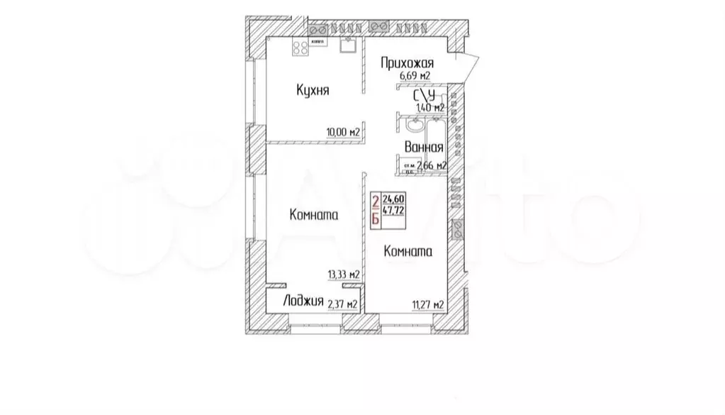 2-к. квартира, 47,7 м, 3/4 эт. - Фото 1