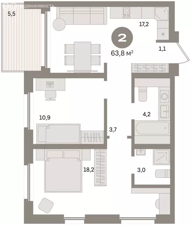2-комнатная квартира: Екатеринбург, улица Советских Женщин (63.8 м) - Фото 2
