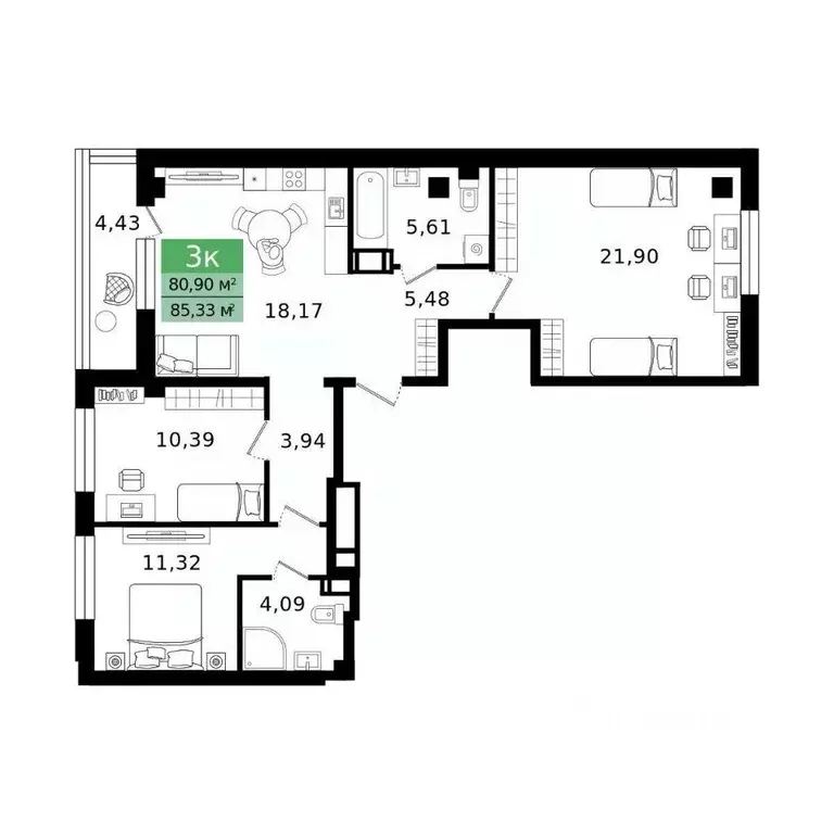 3-к кв. Курганская область, Курган просп. Конституции (85.33 м) - Фото 2