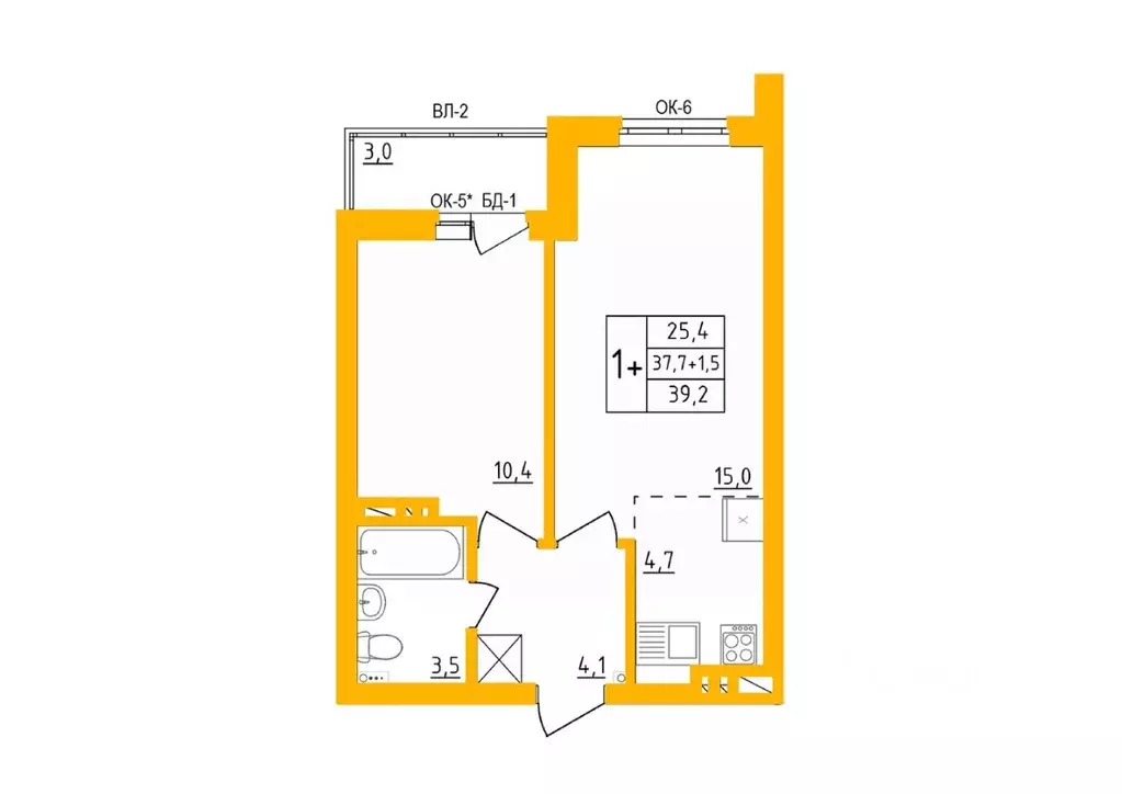 1-к кв. Башкортостан, Уфа Инорс-4Б мкр, Акварель жилой комплекс (39.0 ... - Фото 1