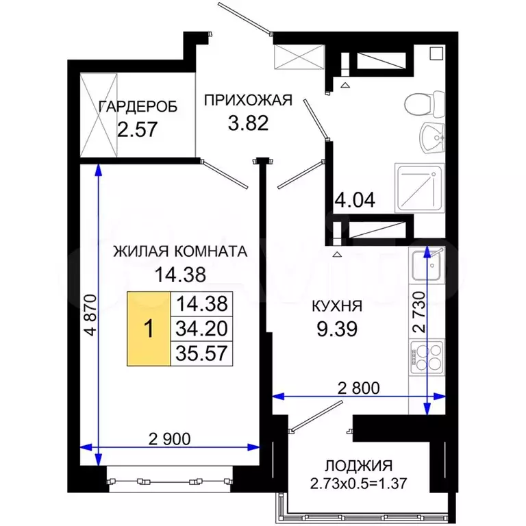 1-к. квартира, 35,6 м, 20/24 эт. - Фото 1