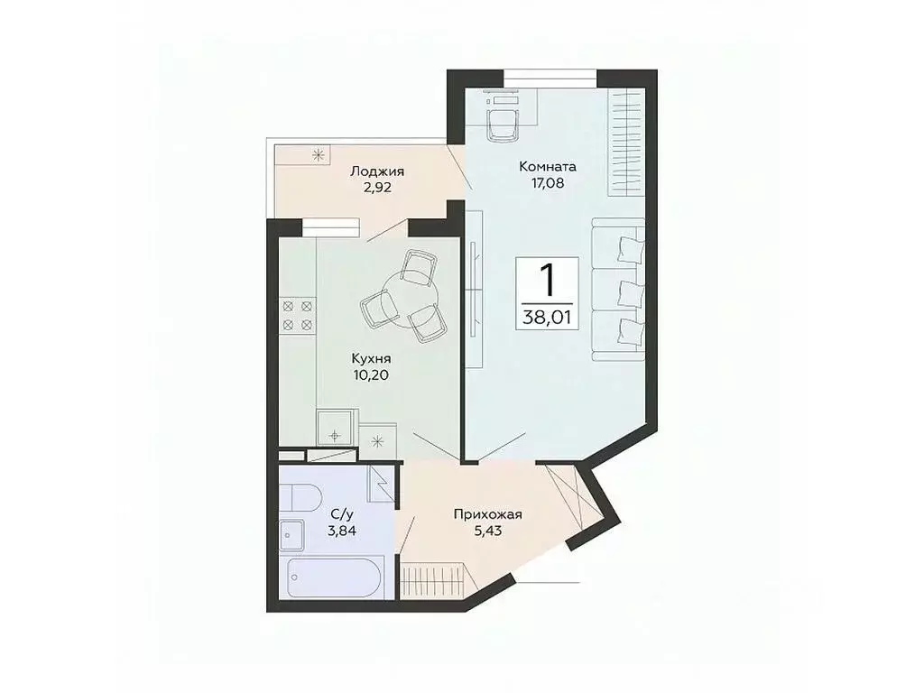 1-к кв. Воронежская область, Воронеж ул. Туполева, 5Н (38.01 м) - Фото 1