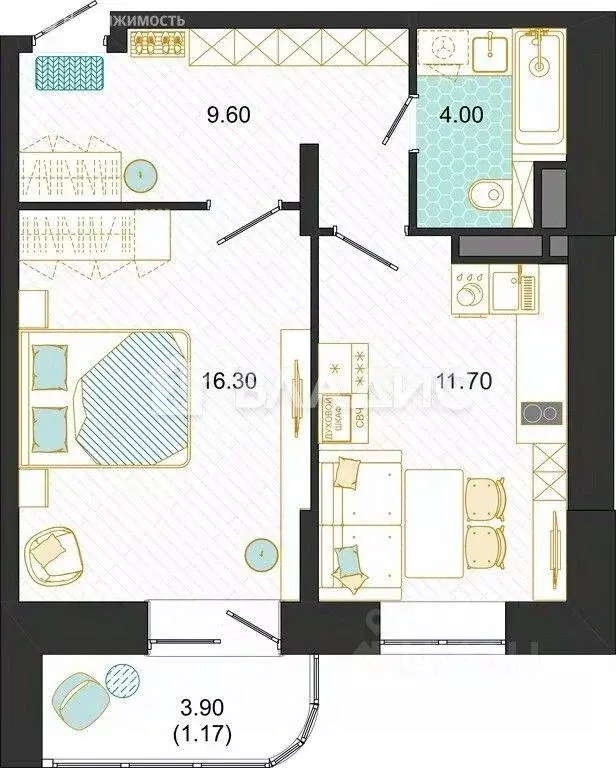 Квартира, 1 комната, 48.23 м - Фото 1