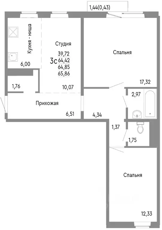 3-к кв. Челябинская область, Челябинск Нефтебазовая ул., 1к2 (64.85 м) - Фото 0