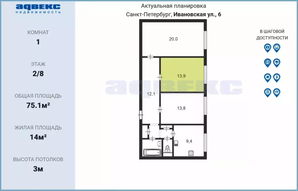 Комната Санкт-Петербург Ивановская ул., 6 (14.0 м) - Фото 1