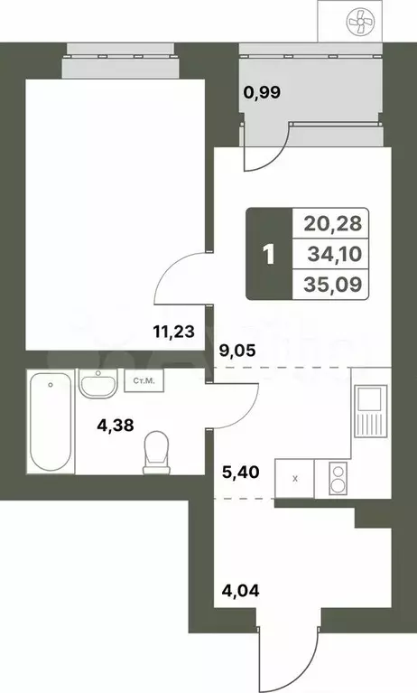 1-к. квартира, 35,1 м, 3/6 эт. - Фото 0