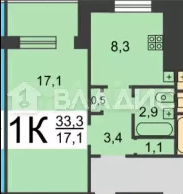 1-к. квартира, 33,2 м, 2/9 эт. - Фото 0
