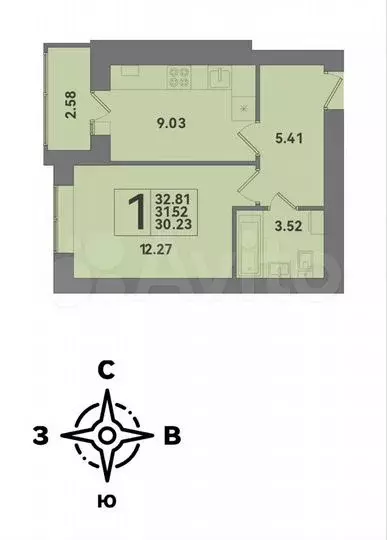 1-к. квартира, 32,8м, 1/10эт. - Фото 1