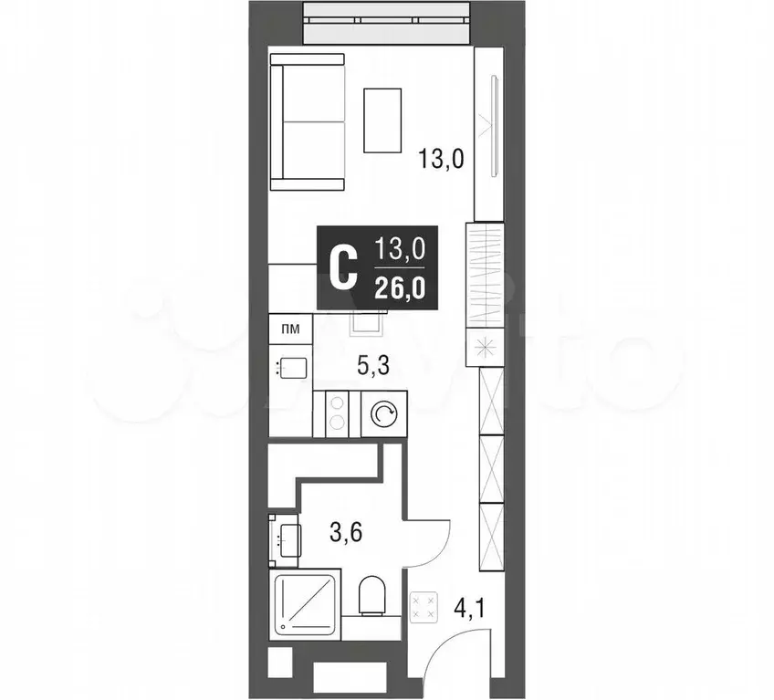 Квартира-студия, 25,4 м, 36/53 эт. - Фото 1