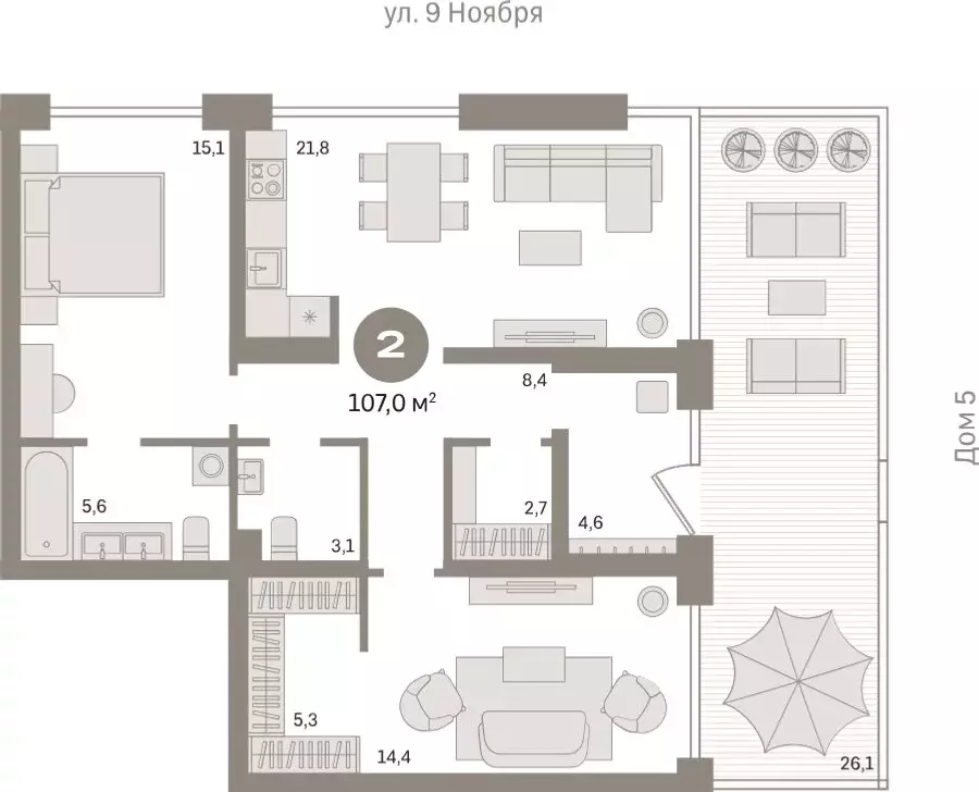 2-комнатная квартира: Новосибирск, улица Декабристов, 107/6 (107.2 м) - Фото 1