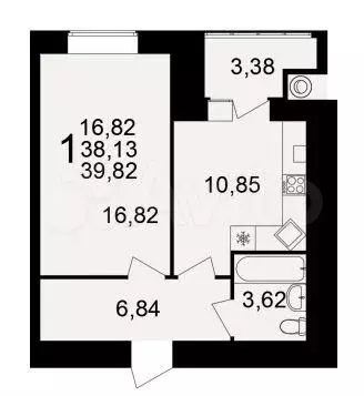 1-к. квартира, 39,8м, 13/15эт. - Фото 1