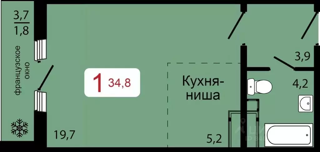 1-к кв. Красноярский край, Красноярск ул. Калинина (34.8 м) - Фото 0