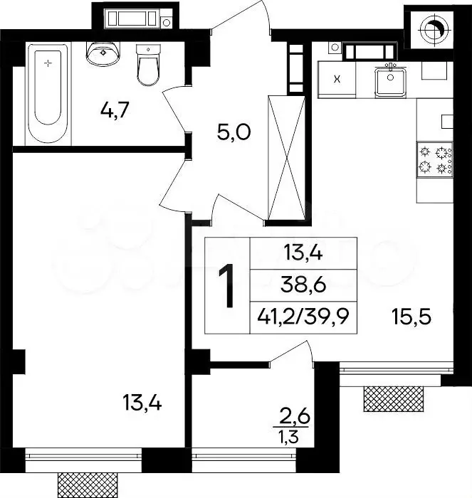 1-к. квартира, 41,2 м, 1/8 эт. - Фото 0