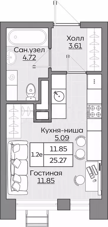 Квартира-студия, 25,3 м, 15/24 эт. - Фото 1