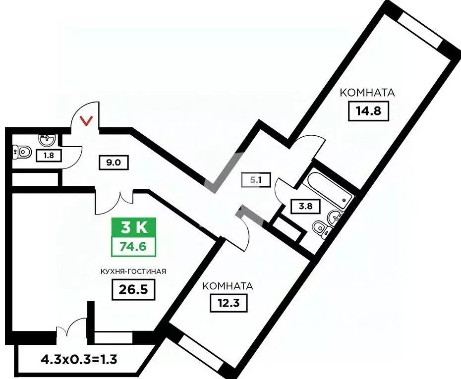 3-к кв. Краснодарский край, Краснодар ул. Домбайская, 55к2 (75.8 м) - Фото 1