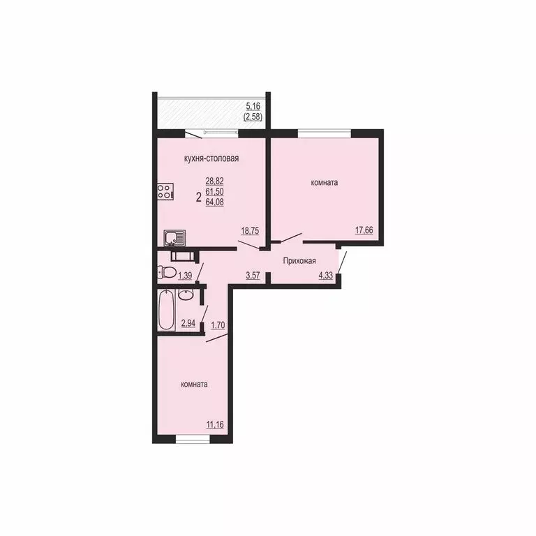 2-комнатная квартира: Западный, улица Дружбы, 6 (64.08 м) - Фото 0